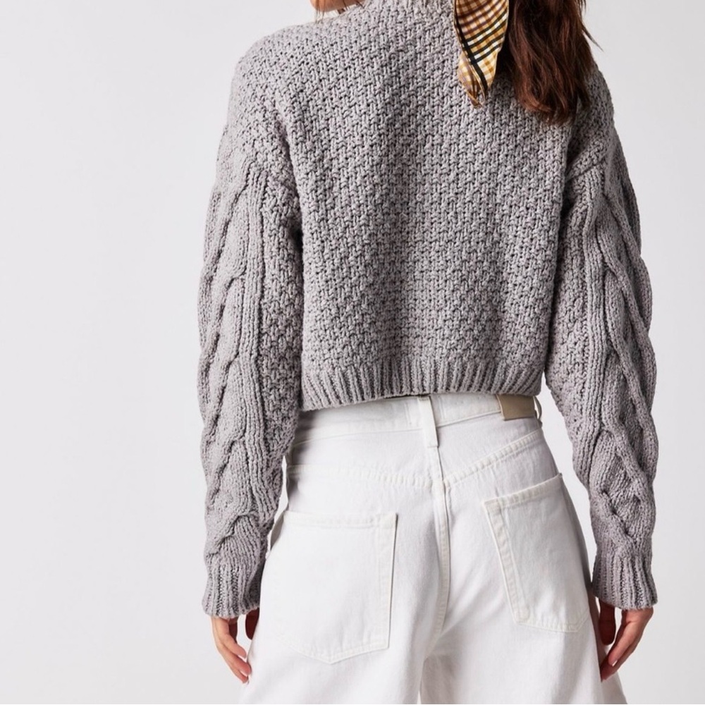 NWT - Free People Bonfire Cable Knit Cardi in Stone (Grey) - Picture 3 of 12